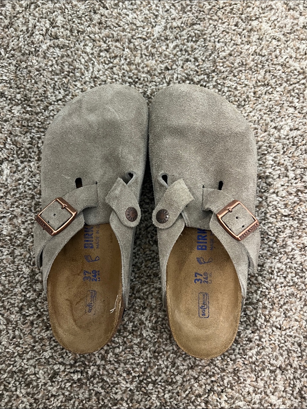 Birkenstock Taupe Suede Boston Clogs with Rose Gold Buckles